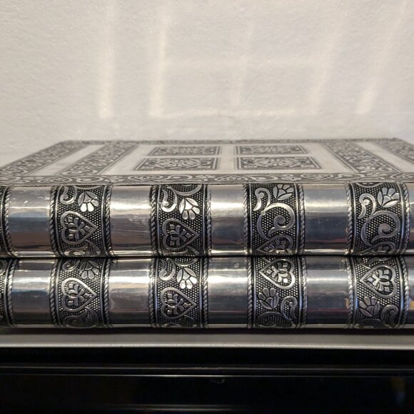 Ornate Etched Wooden Pull Out Silver Tone Wooden Tiered Organizer Jewelry Box - Picture 4 of 7